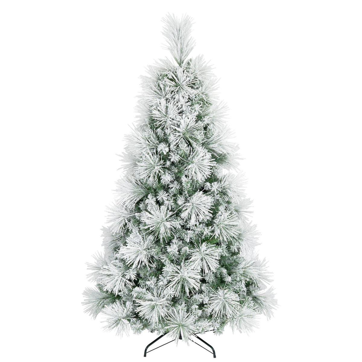 Unlit frosted green Christmas tree shown alone on a black folding stand against a white background.