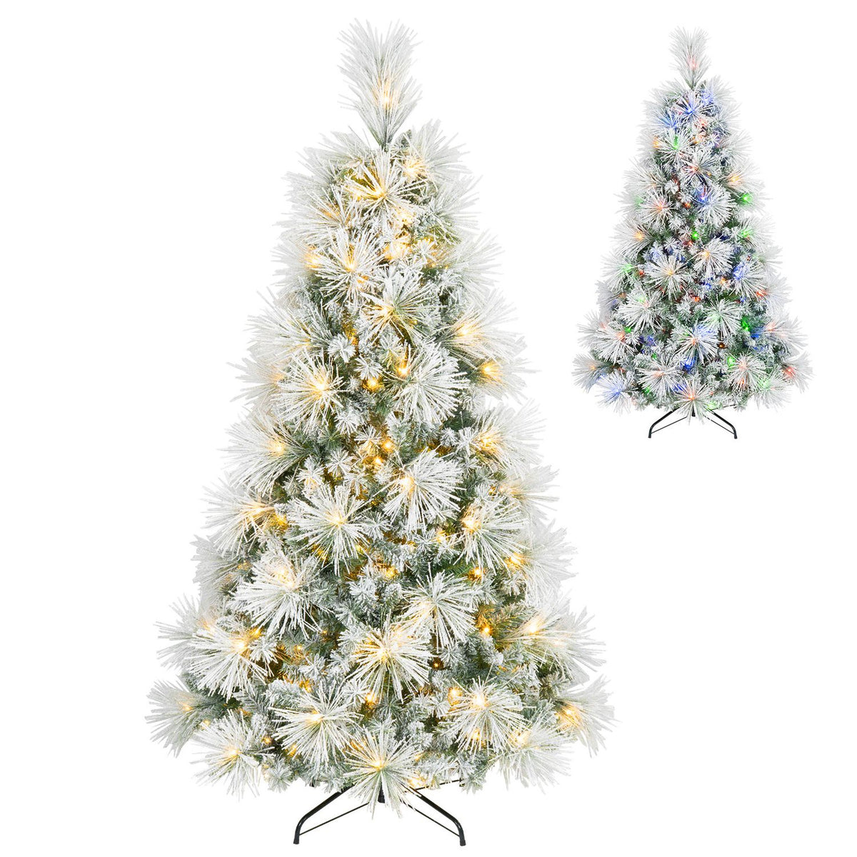 Two frosted trees on black stands, one glowing with warm lights and the other with multicolored lights.