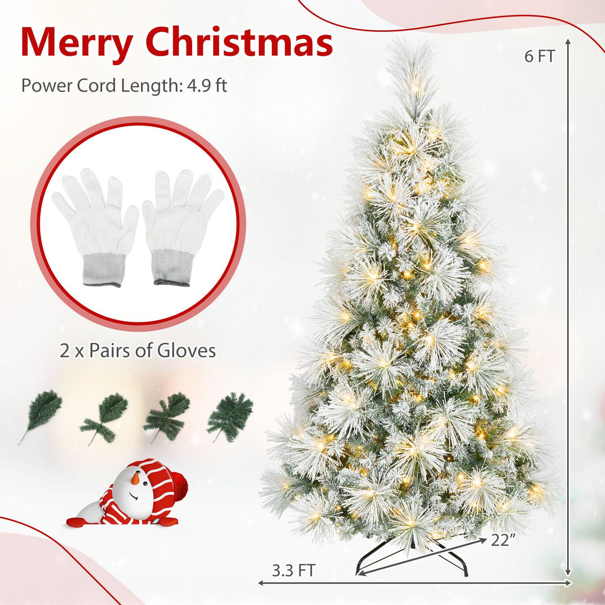 Flocked, lit Christmas tree shown with its metal stand, gloves, and small accessory illustrations.