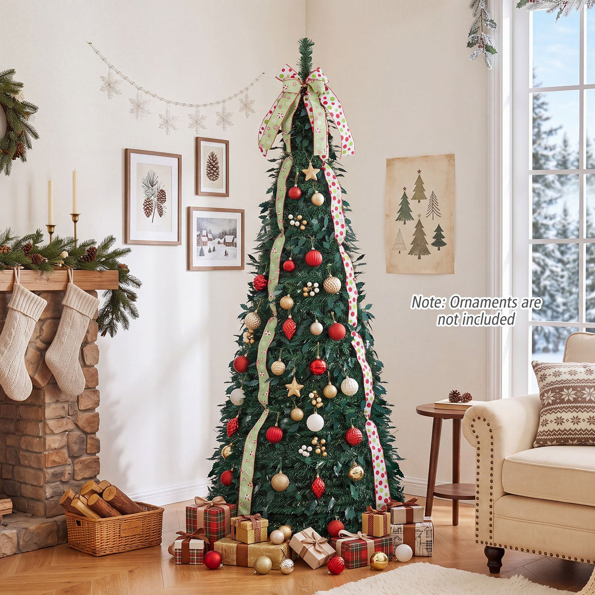 Green Christmas tree with patterned ribbons, a top bow, ornaments and presents in a living room.