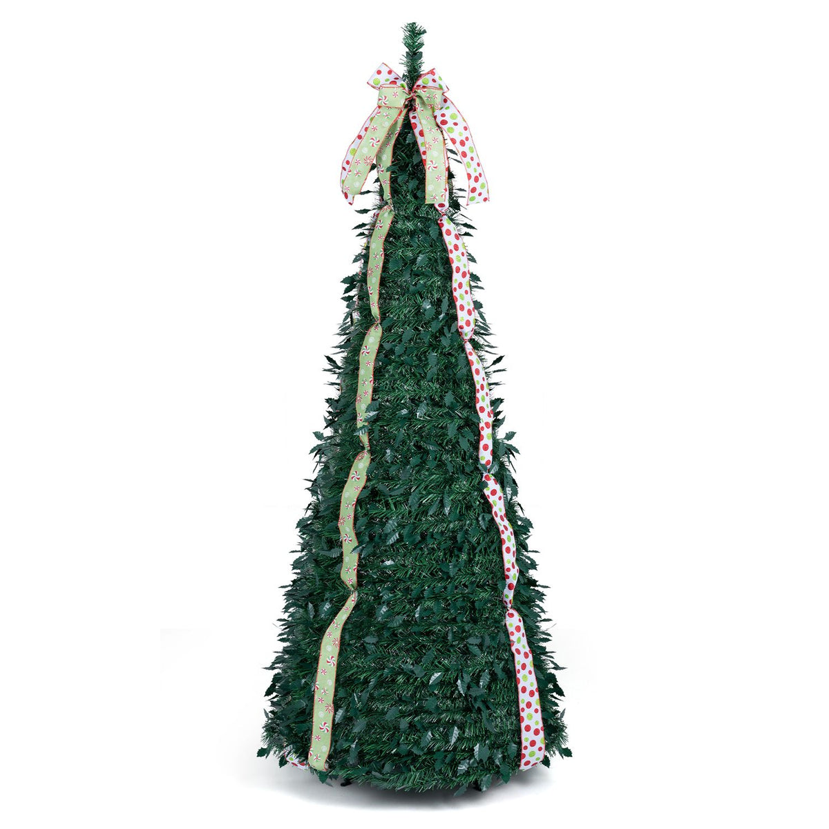 Green pop-up Christmas tree with trailing patterned ribbons and a large matching bow against a white background.
