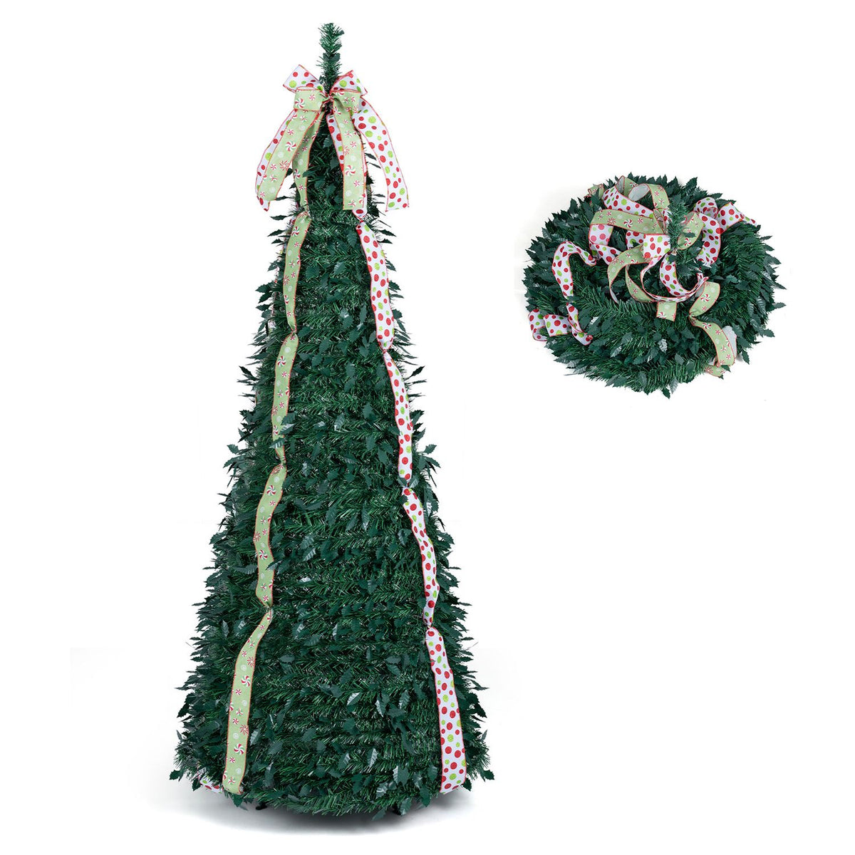 Pop-up Christmas tree with patterned ribbons and bow beside a compact bundle of matching greenery and ribbons.