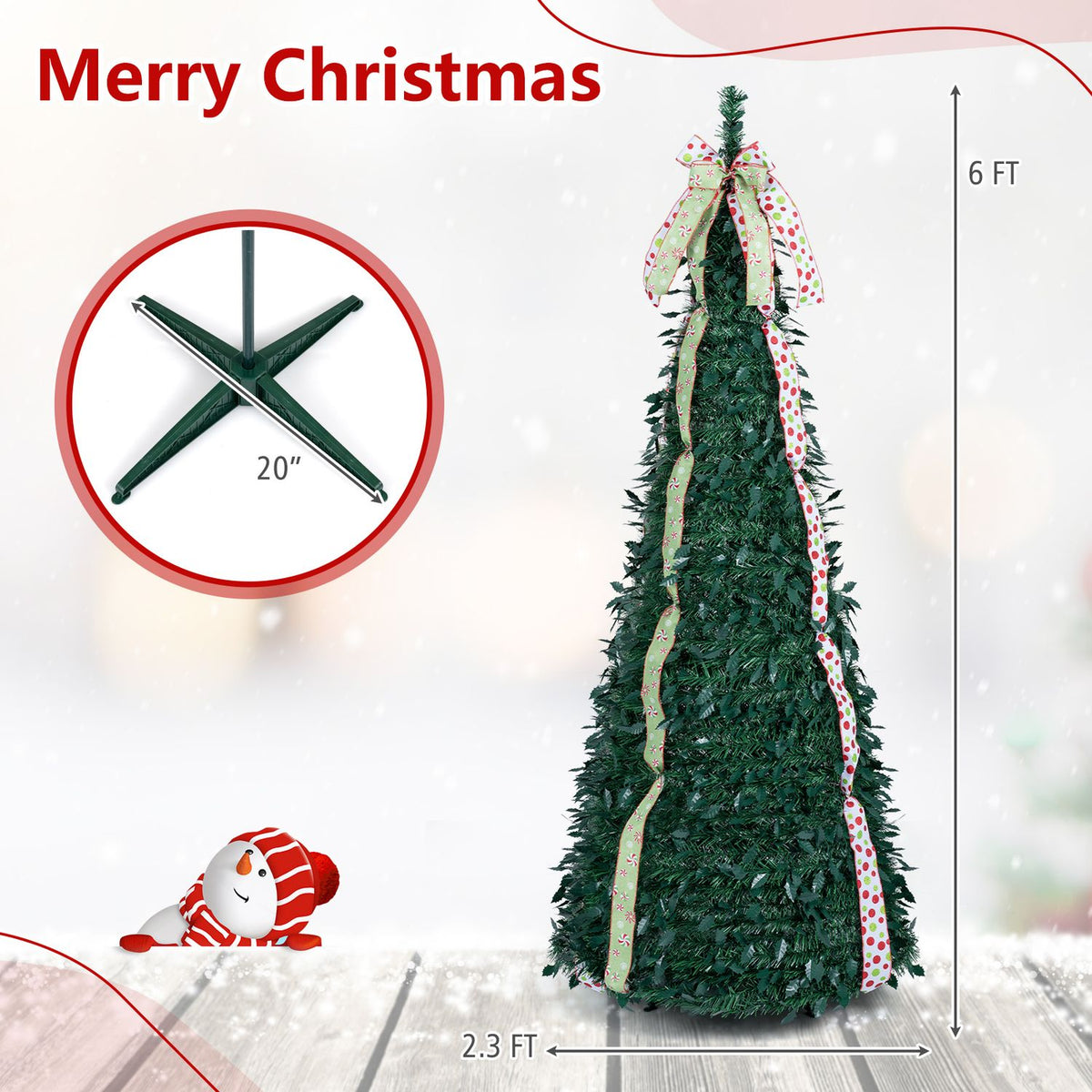 Tall green Christmas tree with patterned ribbons and a top bow, shown with measurement arrows and a stand inset.