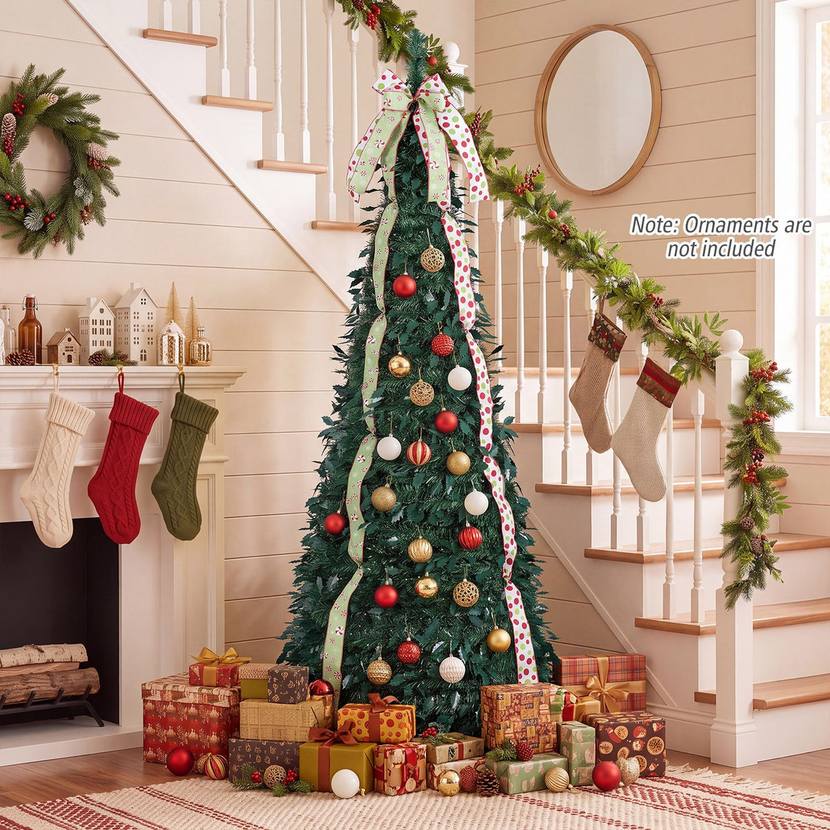 Green Christmas tree with ribbons and colorful ornaments, surrounded by wrapped presents in a festive room.