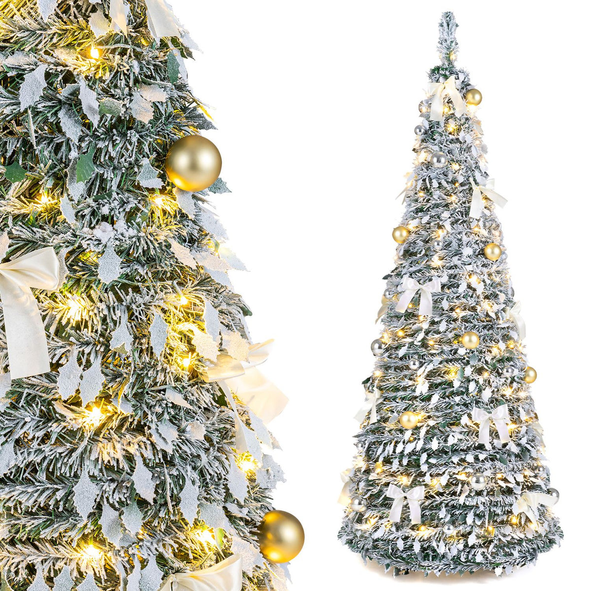 Close-up of snowy branches, glowing lights, and a gold bauble beside the full decorated tree.