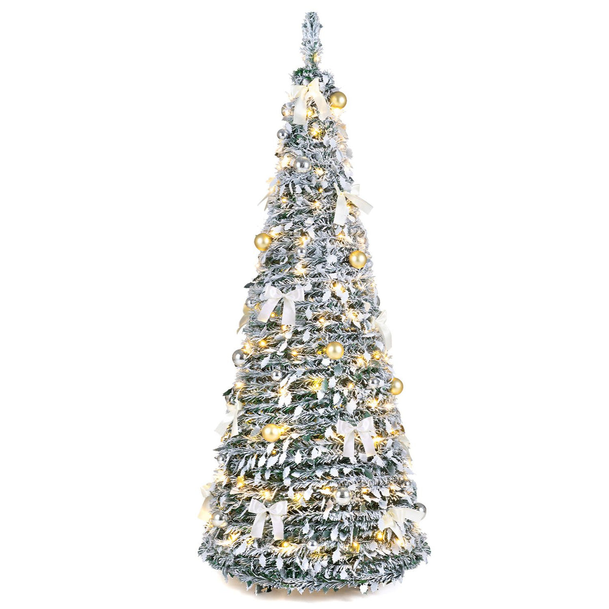 A flocked Christmas tree with glowing lights, white bows, and gold and silver ornaments against a white background.