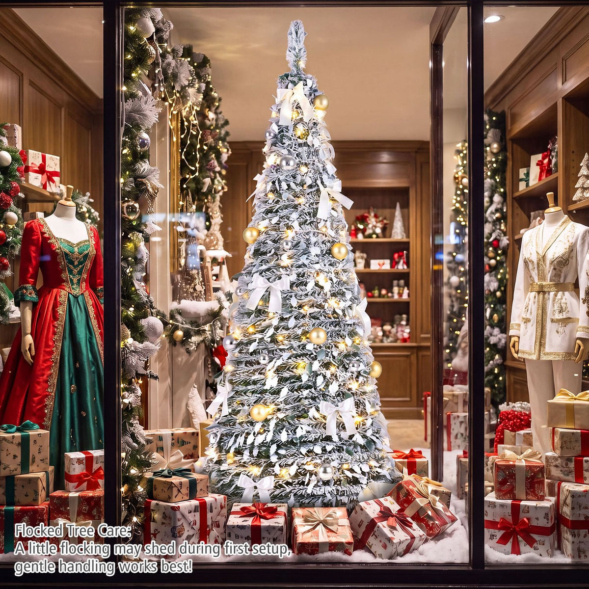 Lit flocked Christmas tree with white bows and gold ornaments, displayed among presents in a shop window.