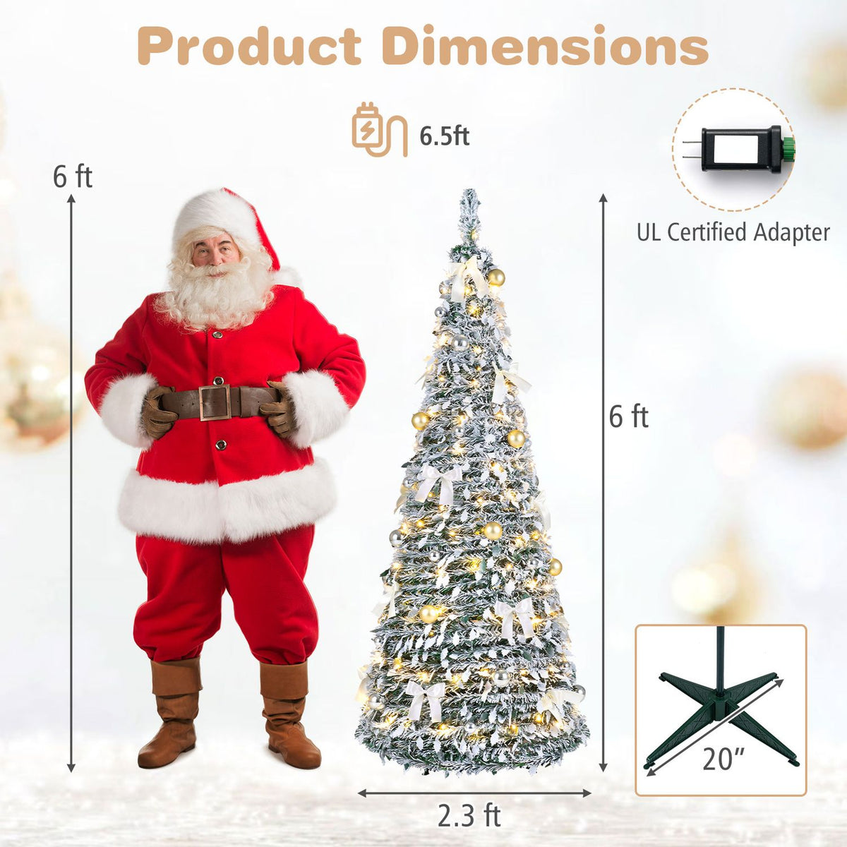 Flocked, illuminated Christmas tree shown beside a Santa figure, with arrows marking its height and width.
