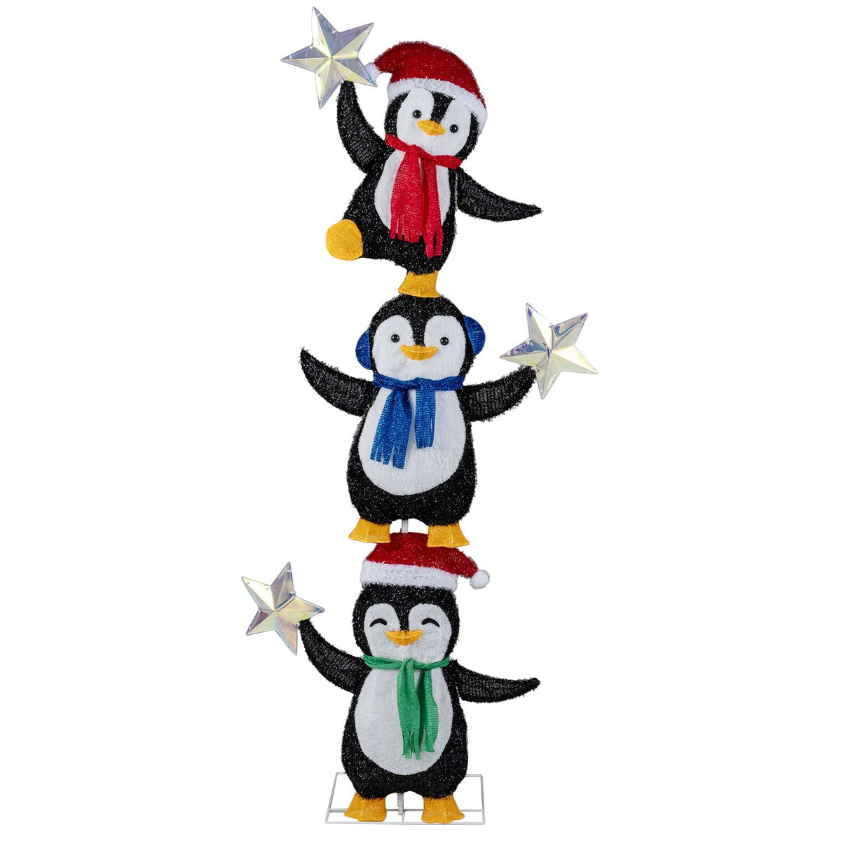 Front view of three stacked penguins holding iridescent stars on white