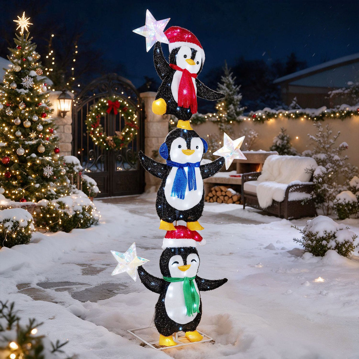 Three illuminated penguins with colorful scarves in a snowy yard at night