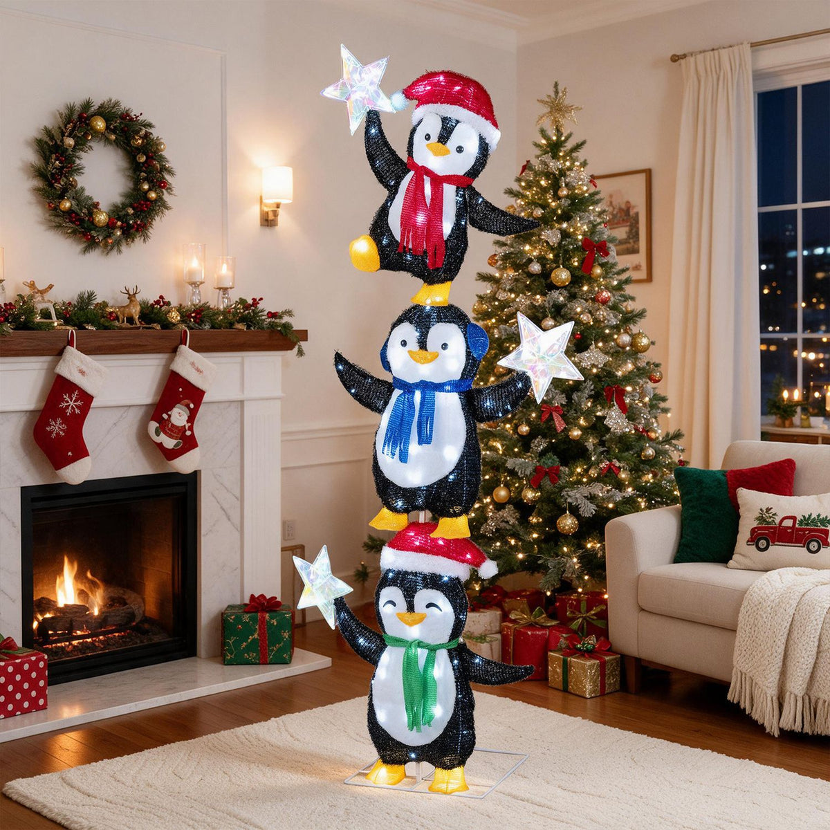 Stacked penguin Christmas decoration displayed beside a tree in a living room