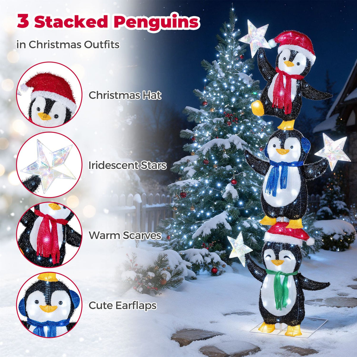 Three penguins stand in the snow beside circular close-ups of their hats, stars, scarves, and earflaps.