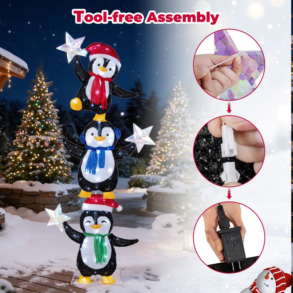 The penguin decoration is shown outdoors beside three close-ups of hands connecting parts and a power adapter.