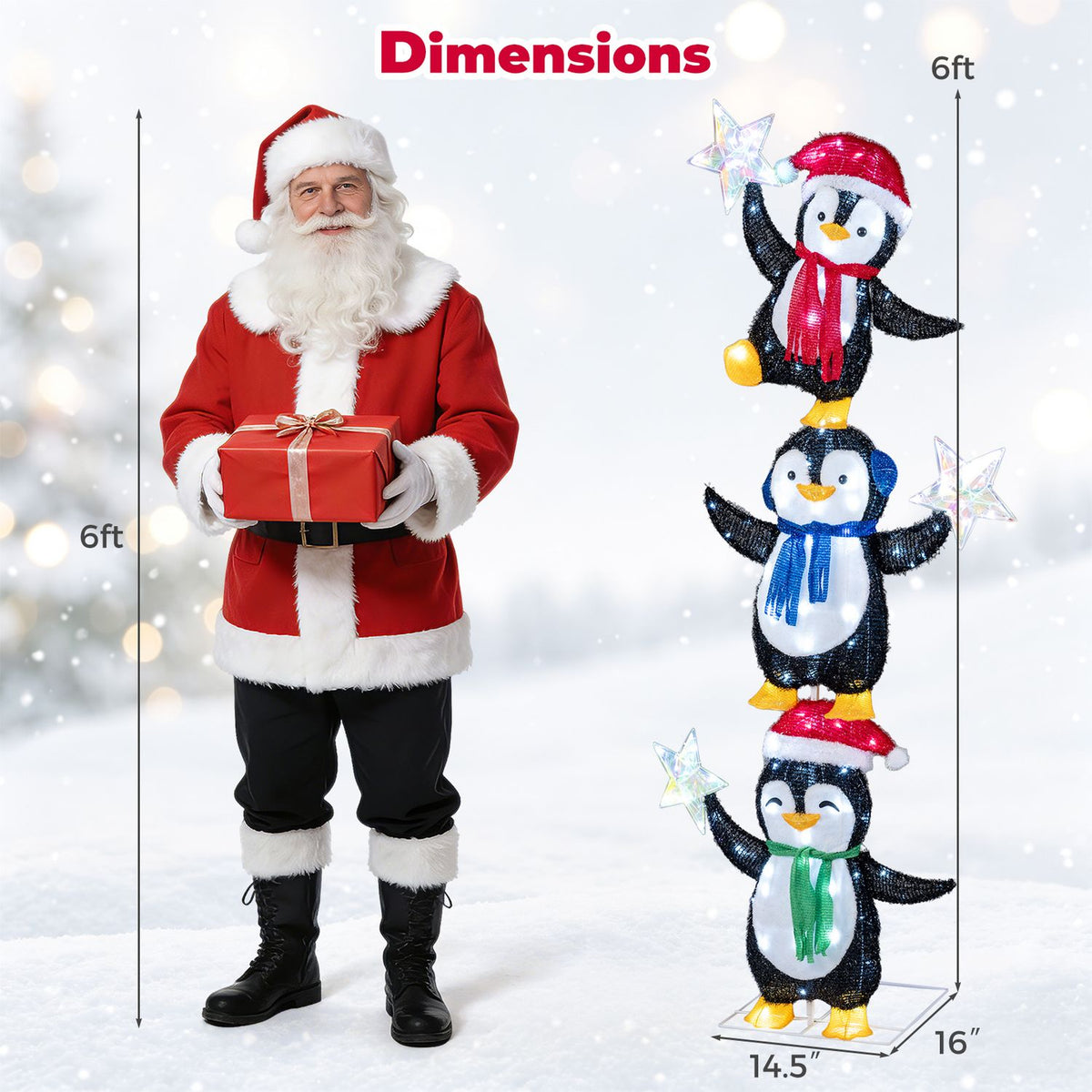 Penguin decoration dimensions graphic beside a standing Santa figure
