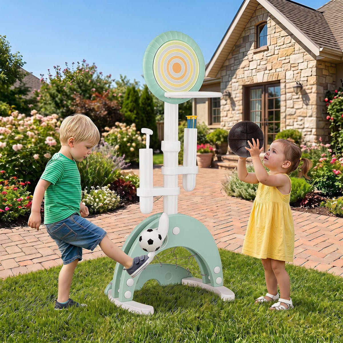 Two children play with a toddler hoop on a garden patio, one kicking a ball and the other holding a basketball.
