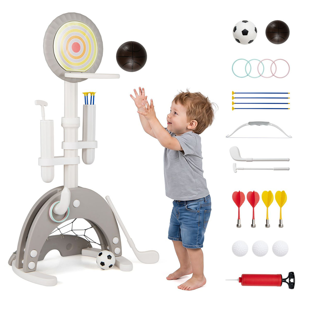 The hoop and a child are shown with balls, rings, clubs, and other play accessories.