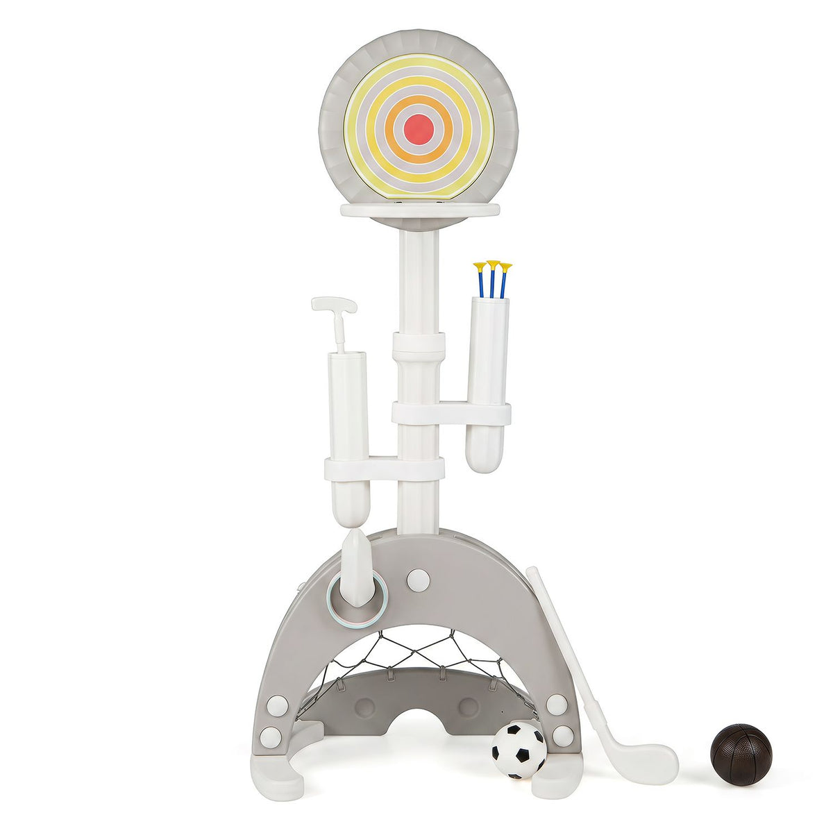 The multiactivity hoop stands against a white background with two balls and a small club.
