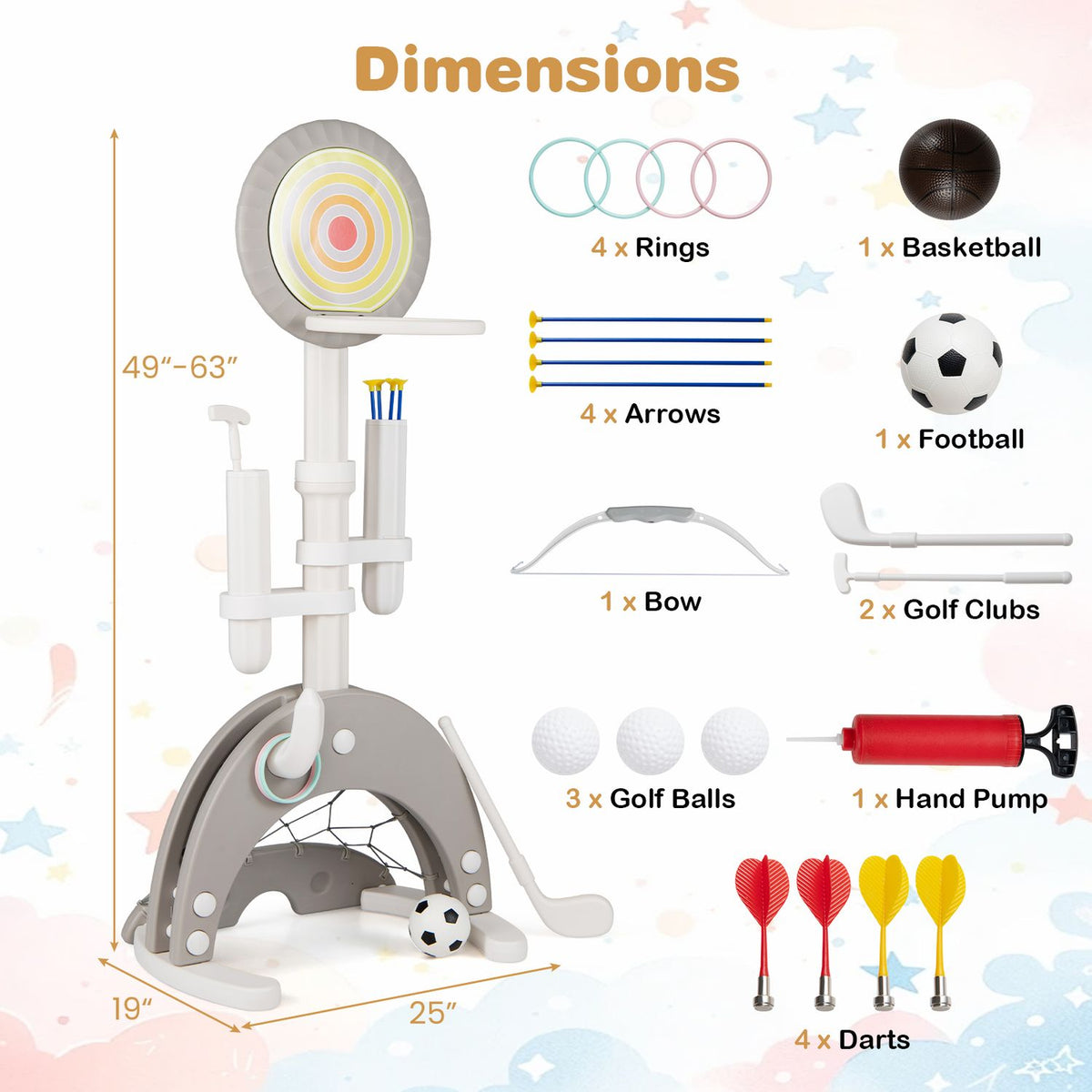 Gray toddler hoop with target backboard and assorted balls, rings, arrows, clubs, bow, pump and darts.