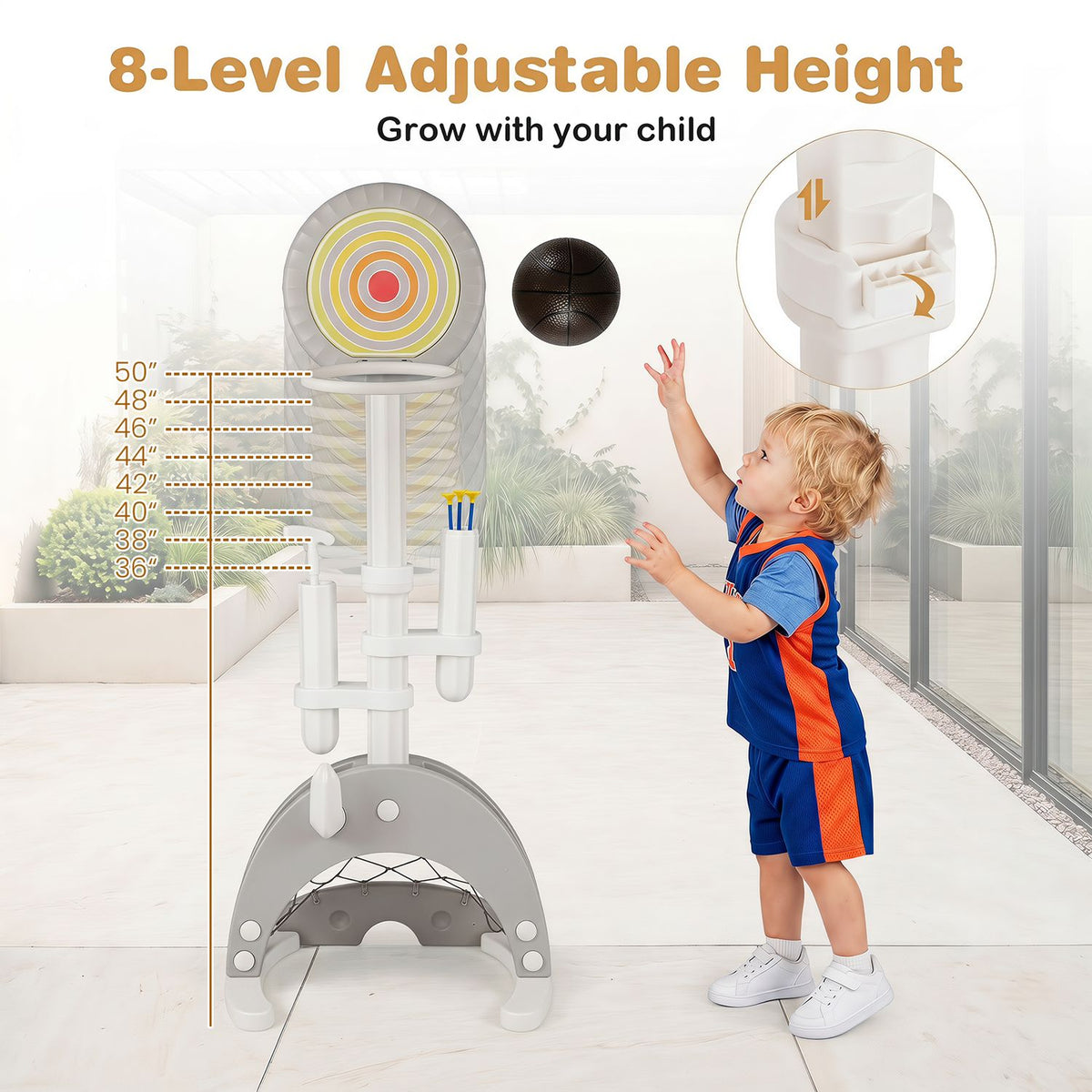 A child reaches toward a basketball hoop, with a close-up inset showing its adjustable pole mechanism.