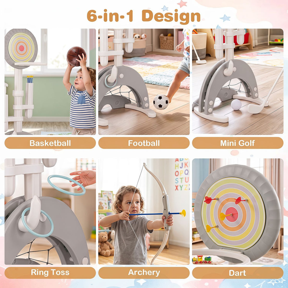 Six scenes show children using the set for basketball, soccer, mini golf, ring toss, archery and darts.