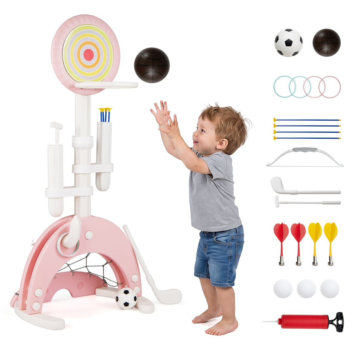 A child reaches toward the hoop as balls, rings, darts, and other play pieces are displayed.