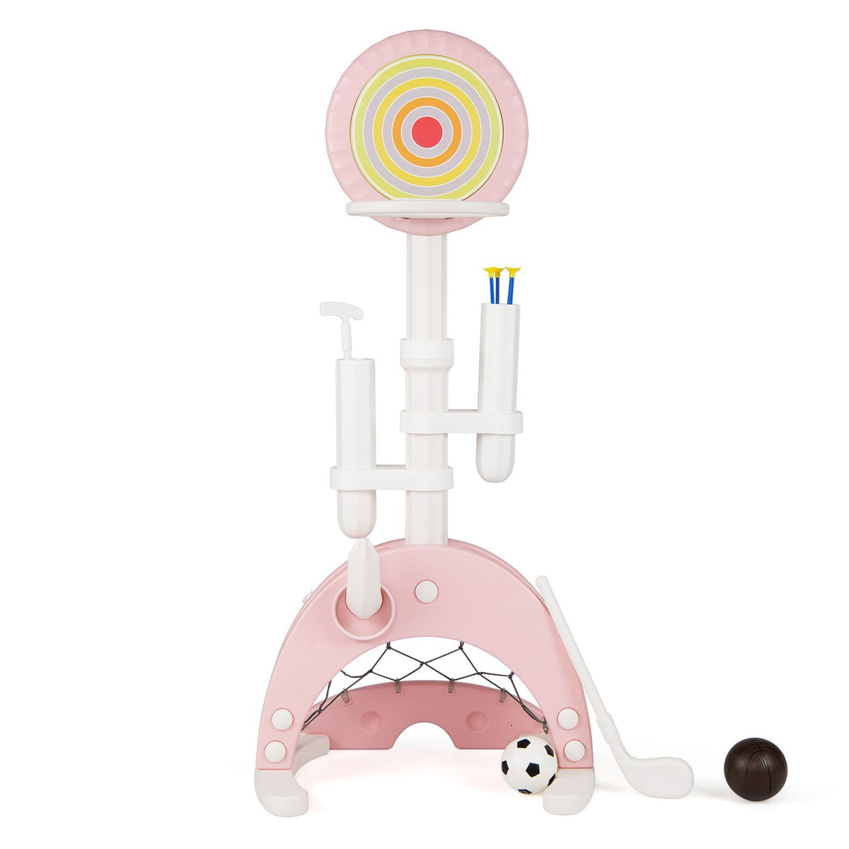 The pink multi-activity hoop stands alone with a ball and small hockey stick on white.