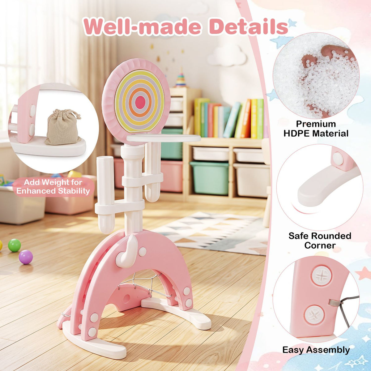 Pink basketball stand displayed with close-ups of its base, textured material, rounded foot and assembly points.