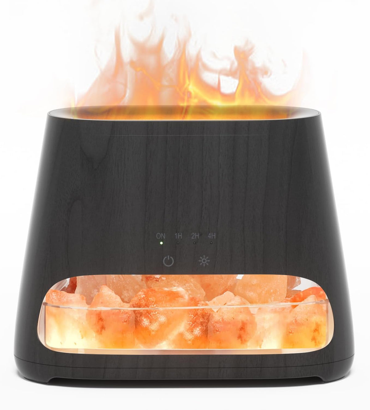 Front close-up of black wood-finish diffuser with glowing Himalayan salt window and mist at top