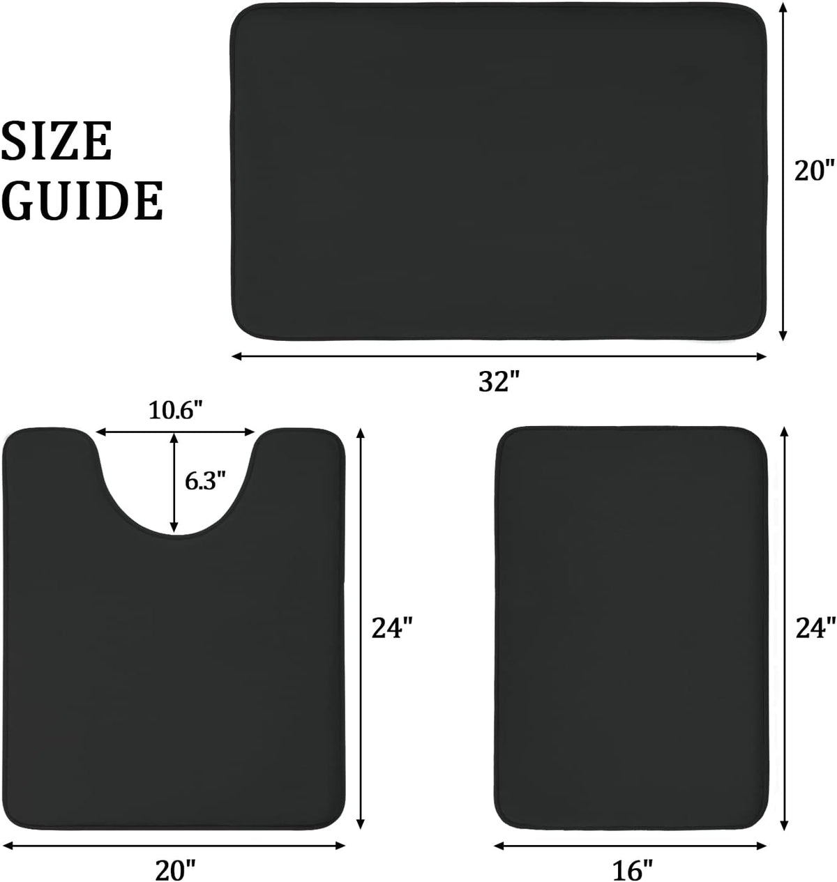 Graphic size guide showing 32" x 20" rectangular mat, 24" x 16" long mat and 24" x 20" U-shaped mat