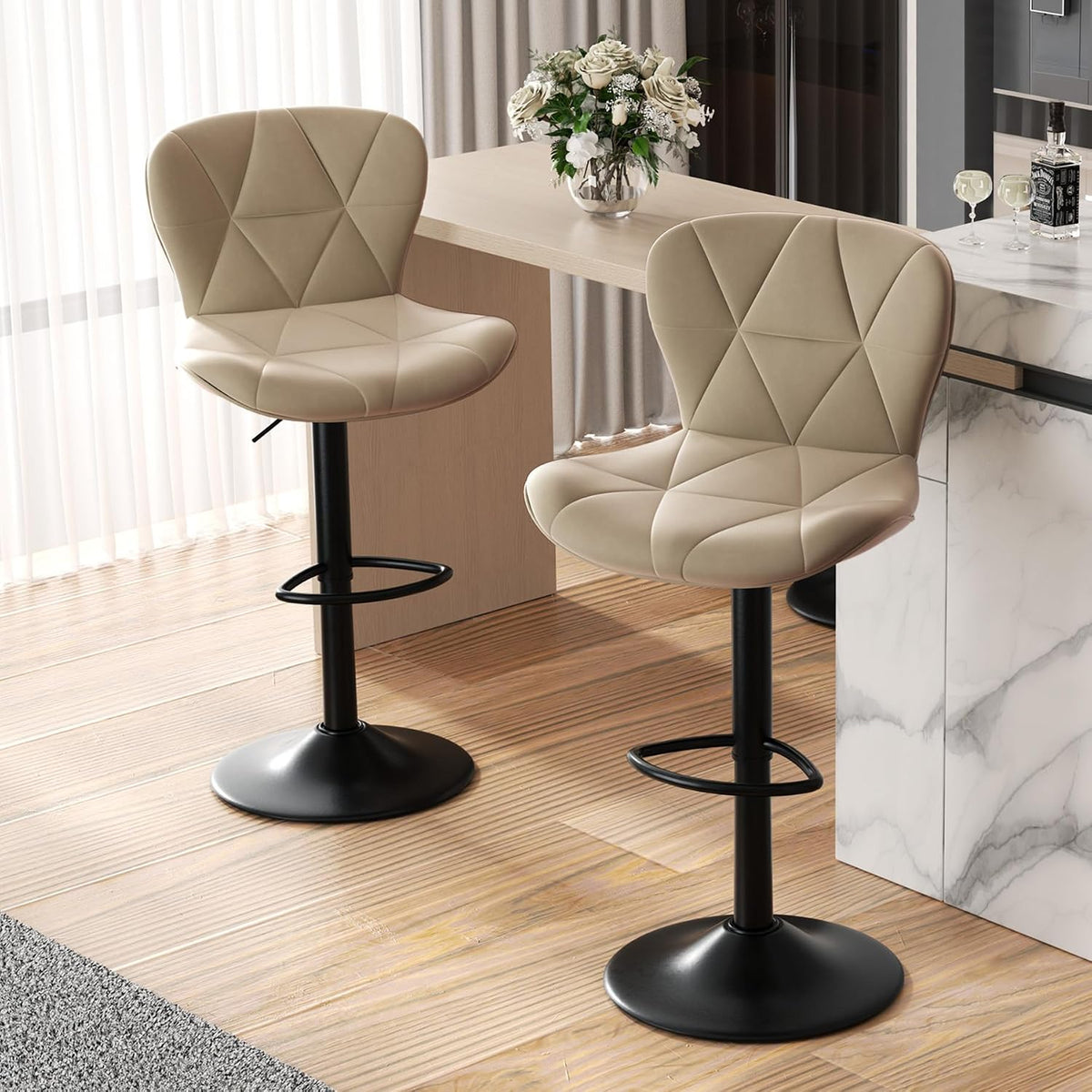 Nalupatio Modern Bar Stools Set of 2, Adjustable Faux Leather Upholstered Swivel Bar Stools, Counter Height, gallery view 16