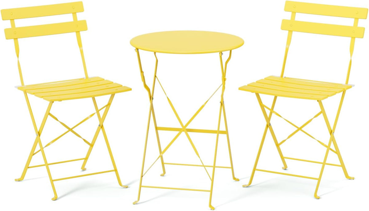 Yellow folding bistro table centered between two matching yellow folding chairs on white background.