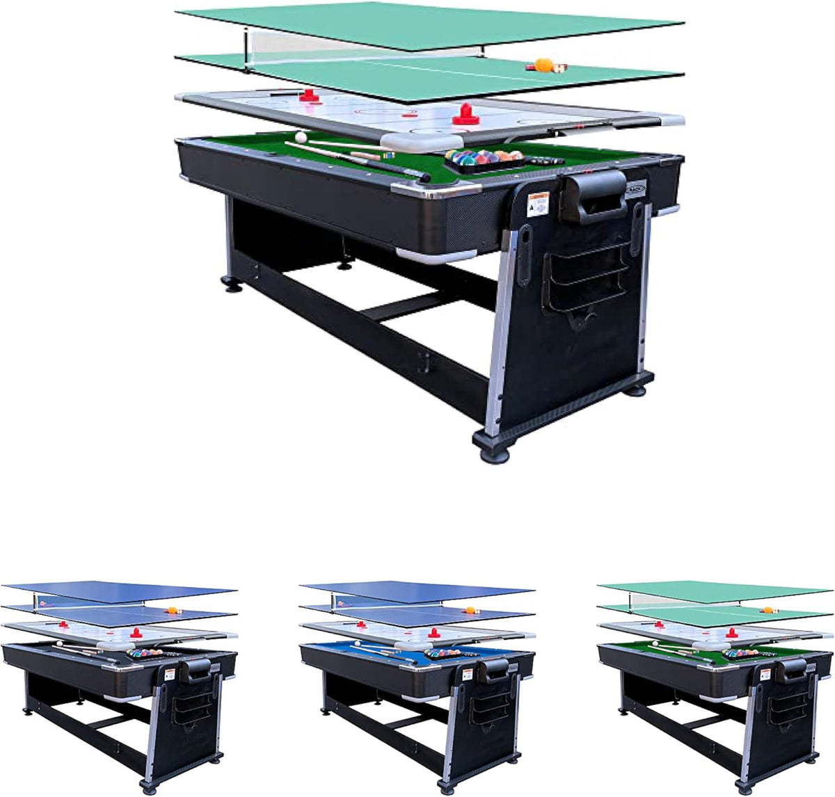 Close angled side view showing the table's black base, accessory rack, and layered game tops