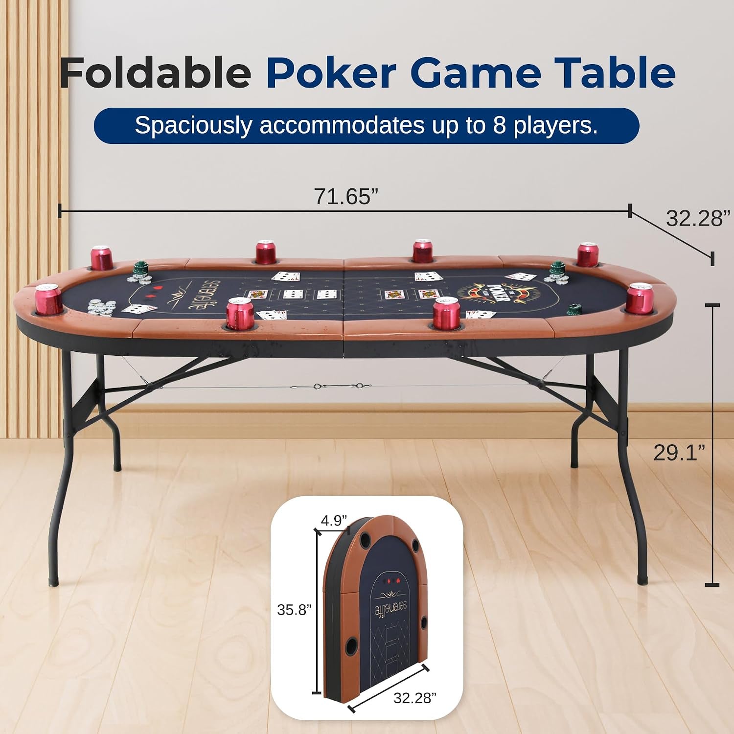 Front view of a 71-inch oval poker table set up with dimension overlay and a folded carry inset displayed