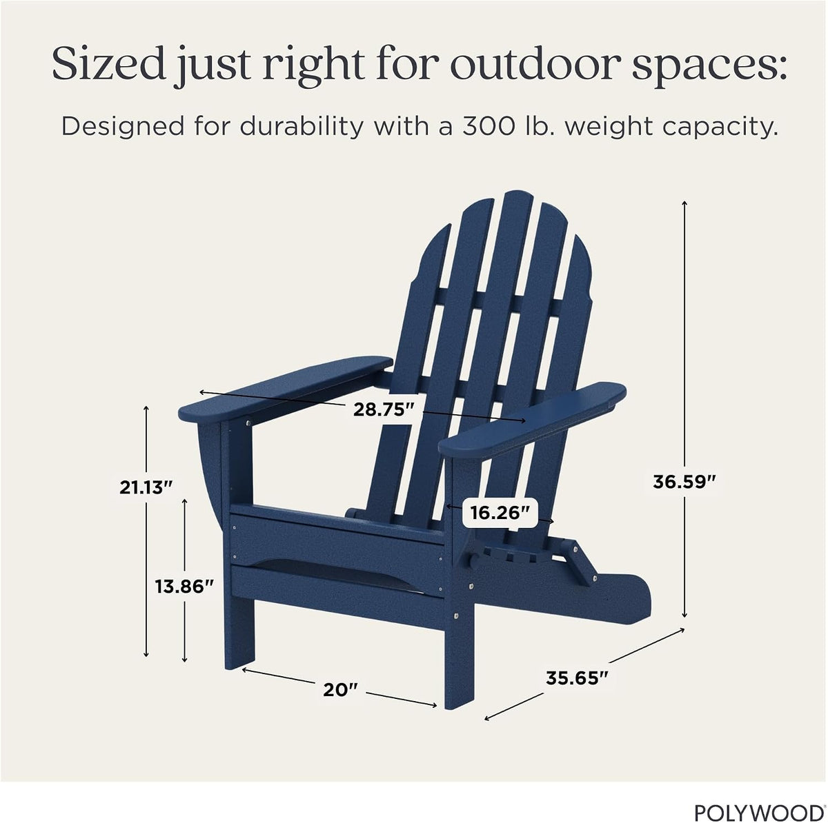 Navy folding Adirondack chair with dimension arrows and measurements overlaid on a light background