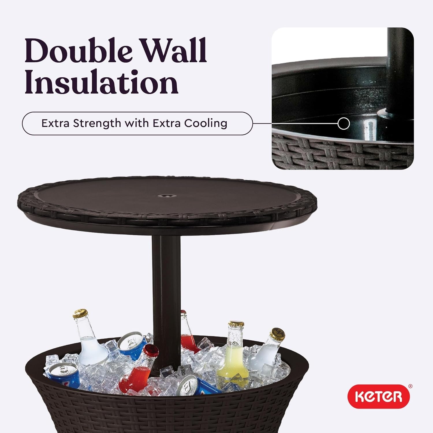 Round outdoor table with raised tabletop and ice-filled cooler below holding assorted bottled drinks, inset shows inner wall
