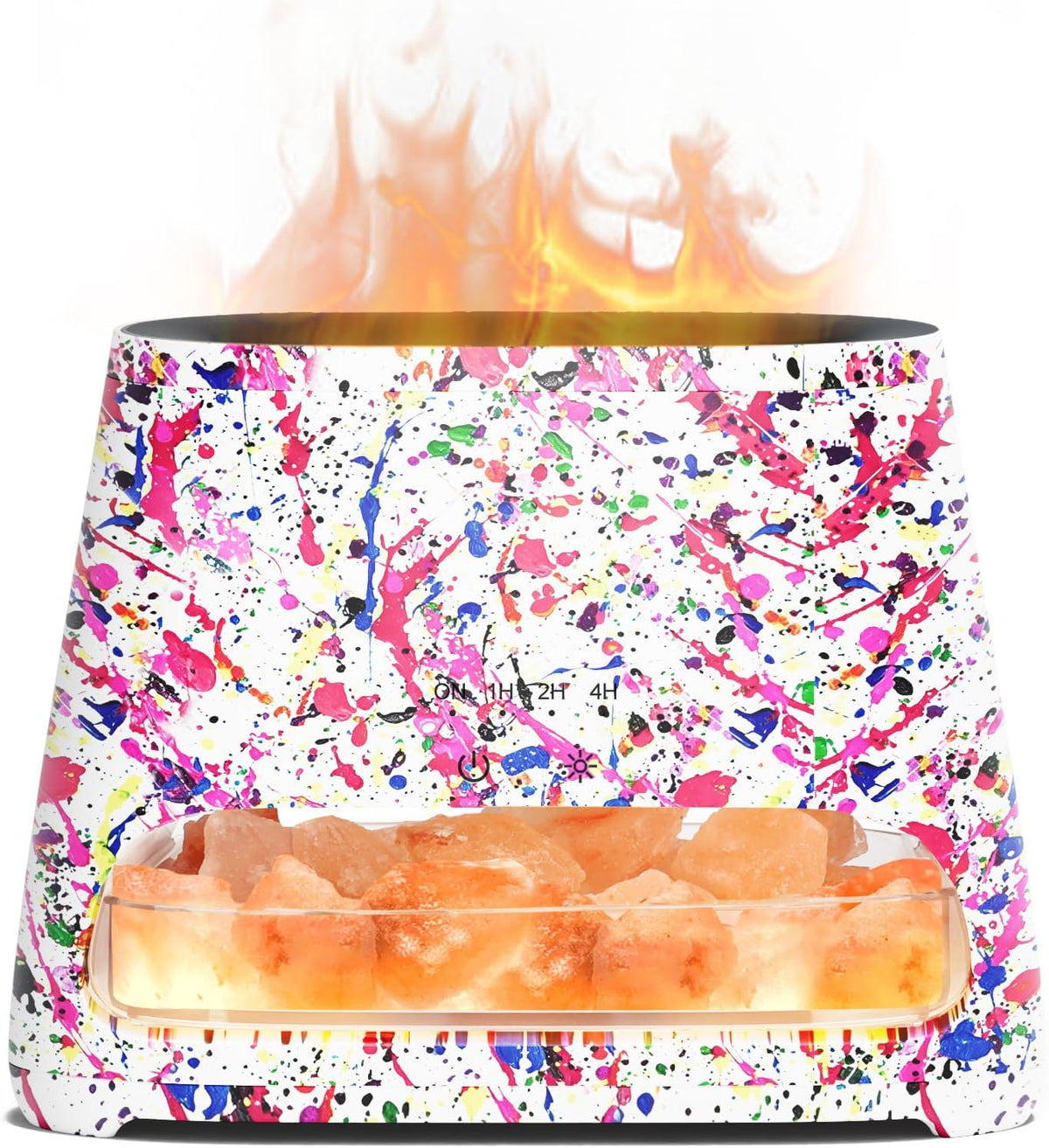 Front close-up of brightly speckled colorful paint-splatter diffuser with illuminated salt chamber
