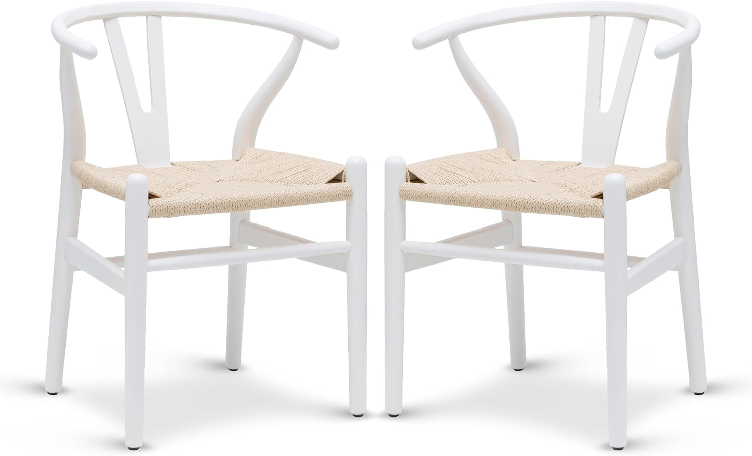 A pair of white-framed wishbone chairs with light woven seats displayed against a white background.