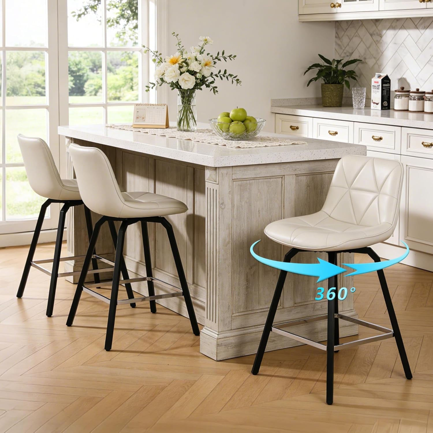 Three white counter stools at an island; one stool in front shows a blue 360° swivel graphic