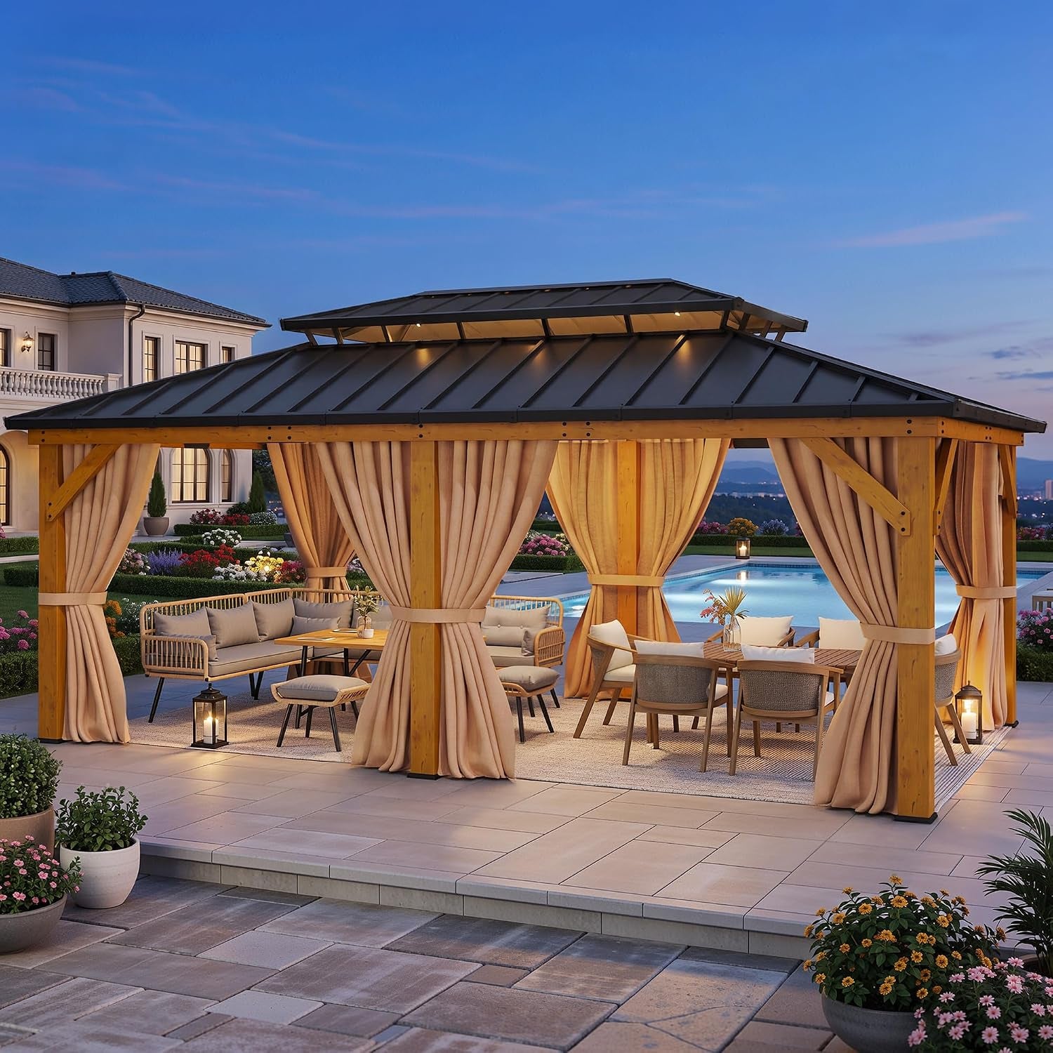 Twilight view of the gazebo on a tiled patio with tied-back beige curtains, warm interior lights, and a pool in the