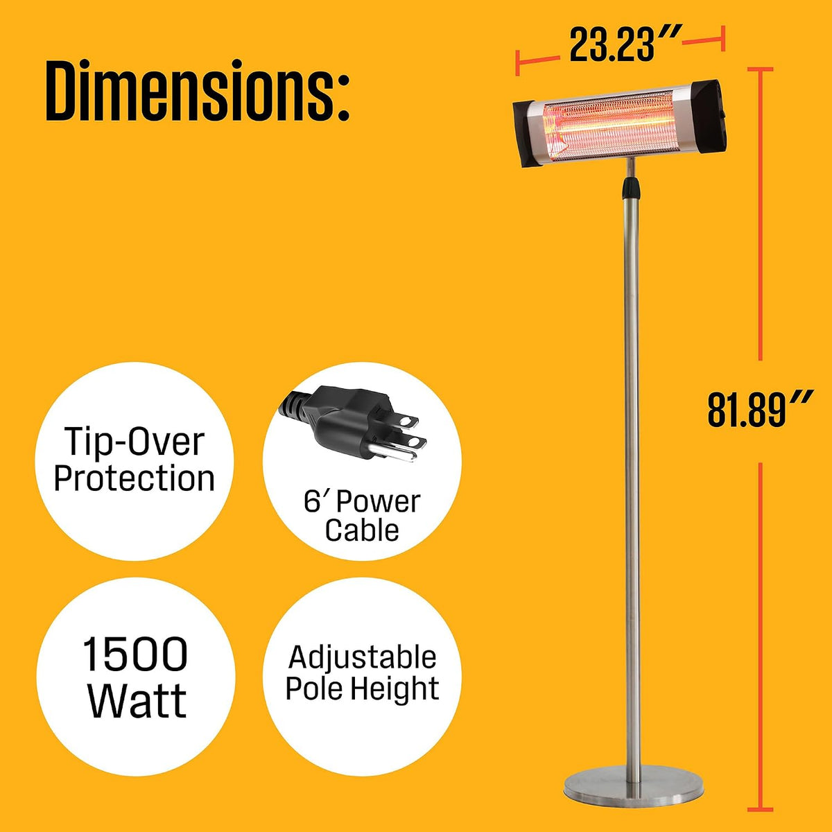 Front view of the freestanding heater against an orange background with height and width callouts