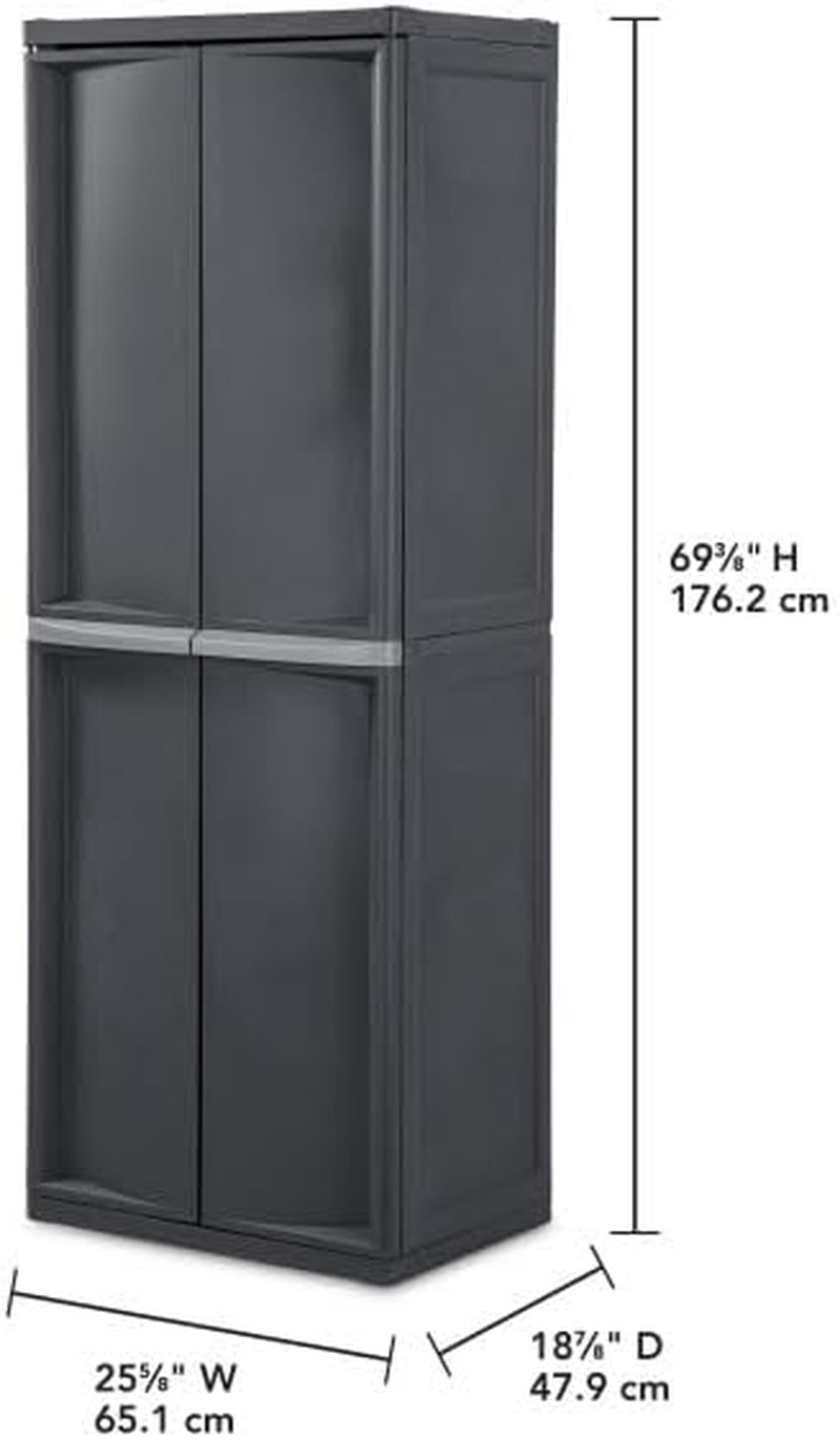 Dark gray storage cabinet on white background with dimension lines showing height 69 3/8", width 25 5/8", and depth 18 7/8".