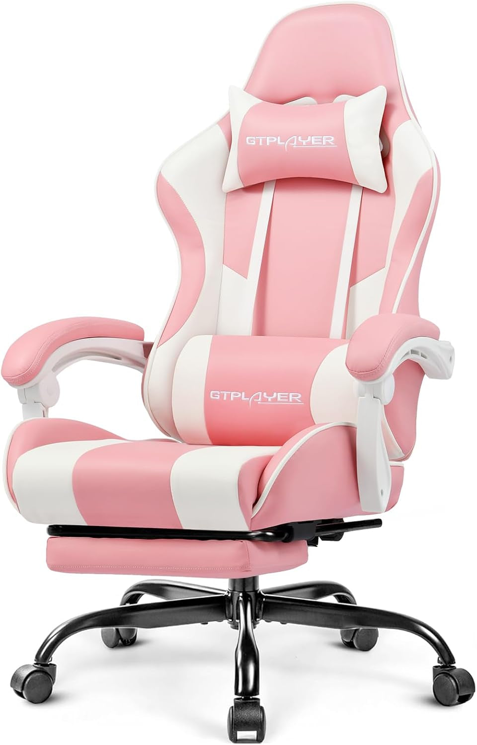 Three-quarter studio view of pink-and-white gaming chair with extended footrest and padded armrests