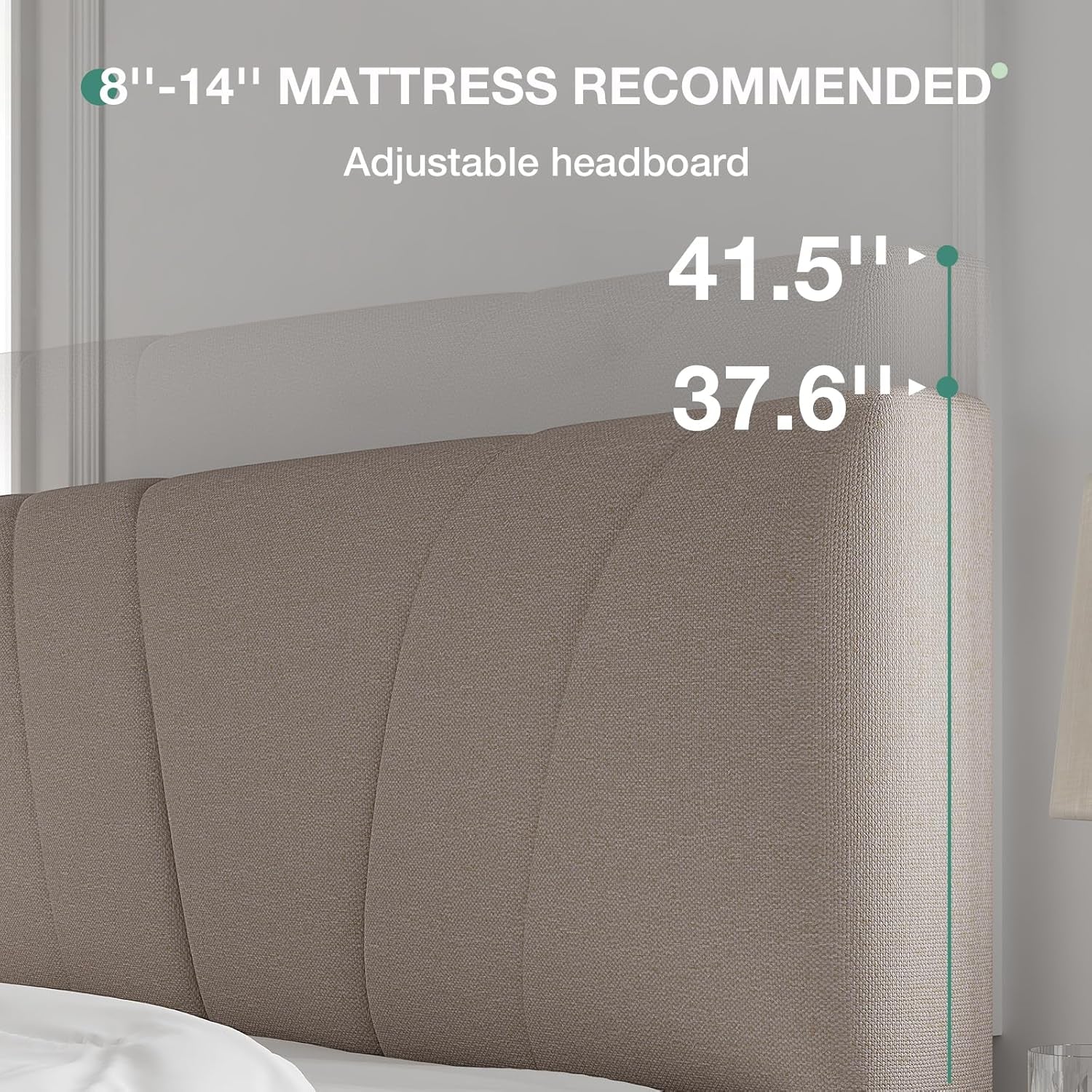 Close-up diagram of the taupe headboard at two adjustable heights with a recommended mattress range.