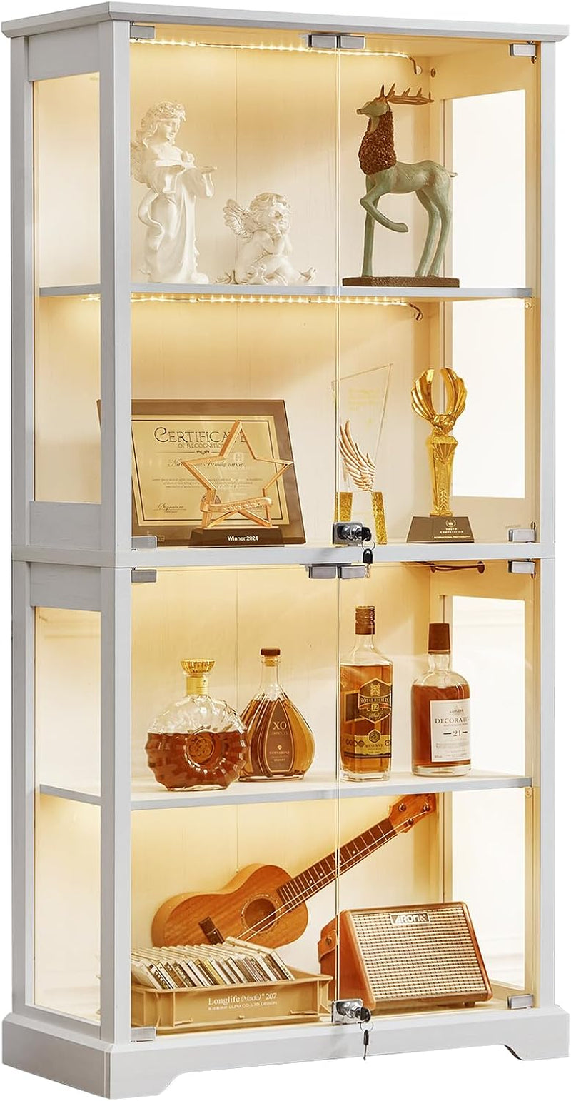 Tall white glass display cabinet with interior lights showing trophies and bottles