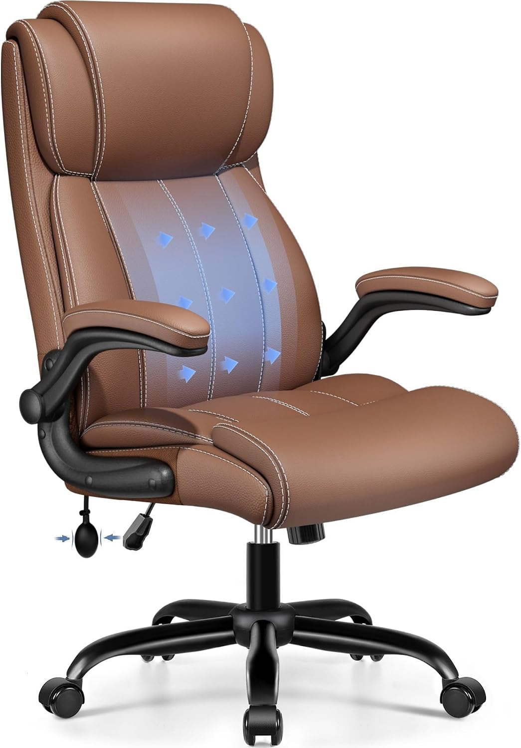 Light tan high-back office chair at a three-quarter front angle highlighting contoured seat and back.