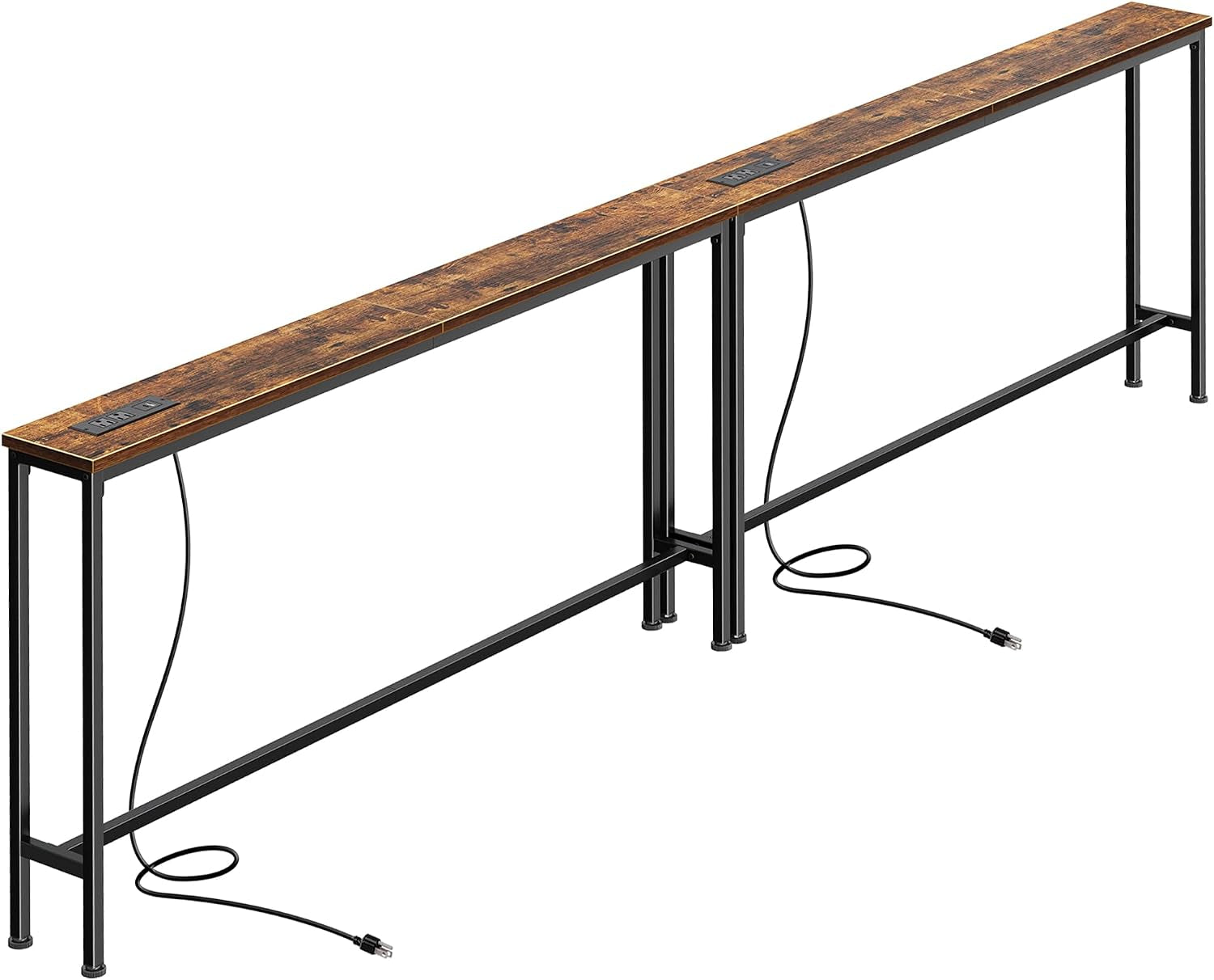 Long narrow console table with distressed brown wood top and slim black metal frame, two power cords visible.