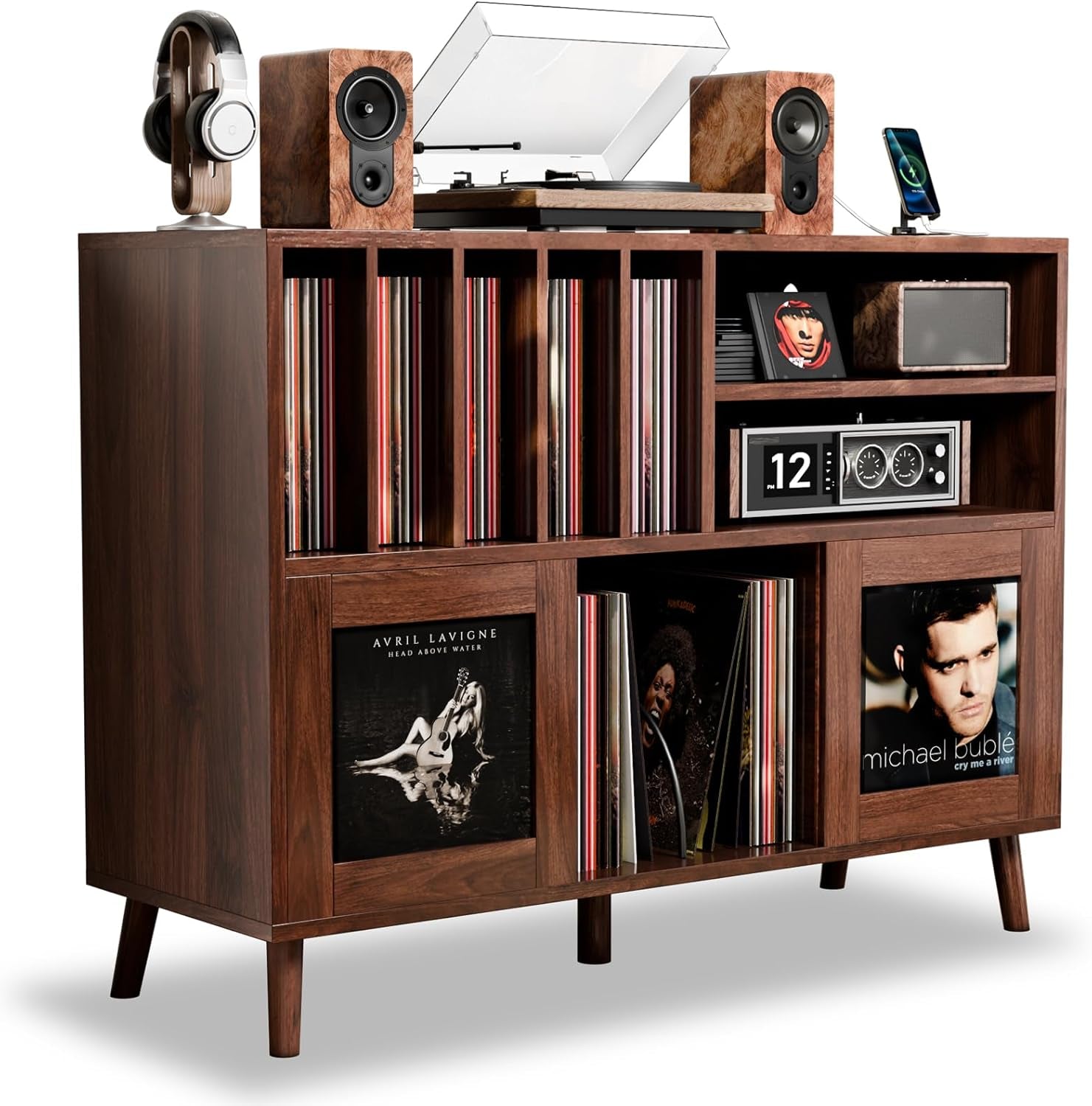 Walnut record player stand angled front view with turntable, speakers and vinyl in open cubbies