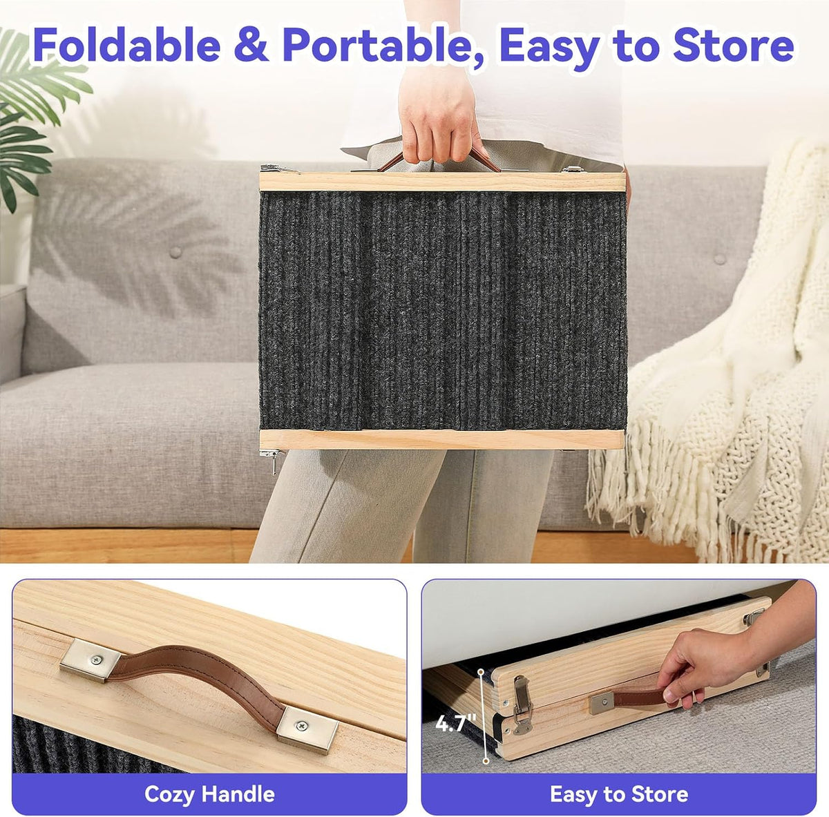 Folded ramp carried by hand using a brown side handle, showing compact folded dimensions and grey carpet