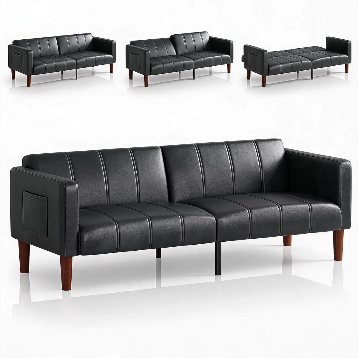Black faux-leather sofa shown in front view with three small thumbnails above illustrating conversion positions.