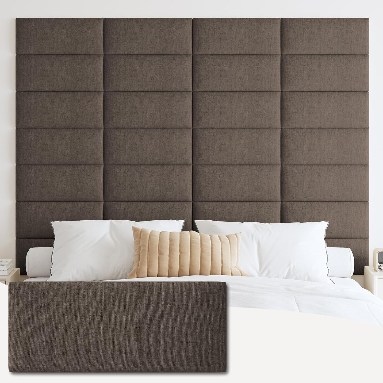 Bedroom with dark brown tufted rectangular wall panels arranged in a tall grid behind the bed and a matching sample panel